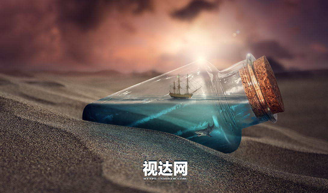 PS沙漠玻璃瓶创意合成海报制作